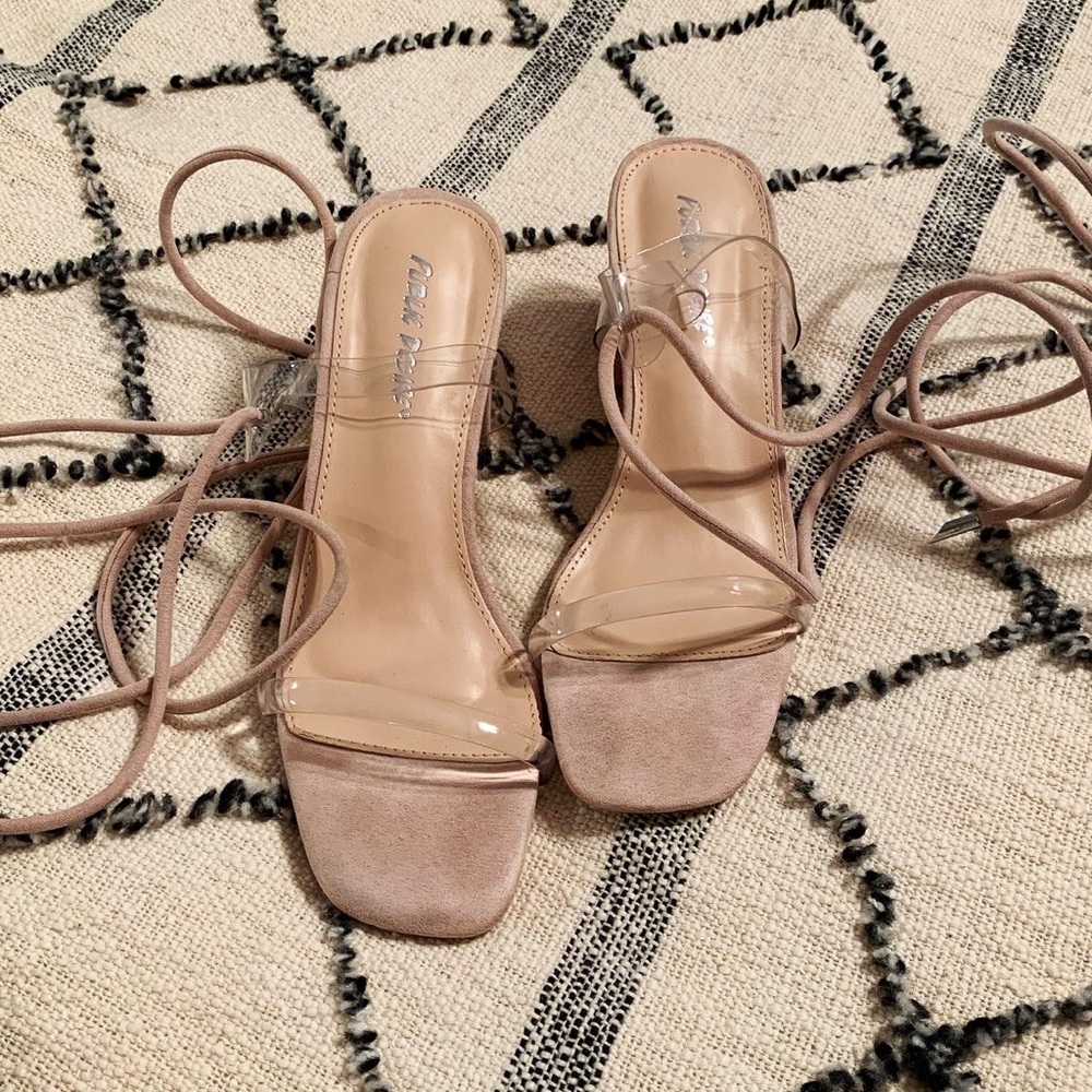 nude/clear asos low wrap up heel
